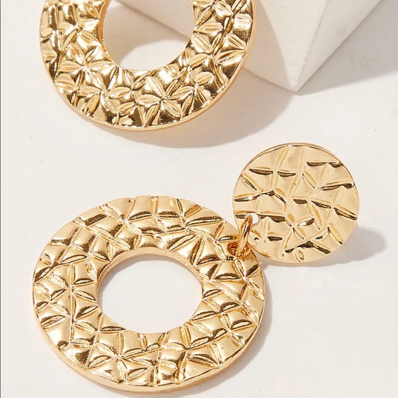 SALE Textured Golden Drop Hoop Statement Earrings - Picture 3 of 4